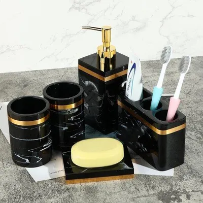 Produktbild von Badezimmer-Set 5-teilig schwarz mit Zahnbürstenhalter Seifenspender