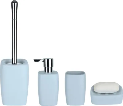Produktbild von Spirella Badezimmer Set, 4-teiliges Badzubehör aus Steinzeug Retro Seifenspender, Seifenschale, WC Bürste und Zahnputzbecher Pastellblau