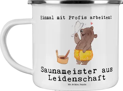 Produktbild von Mr. & Mrs. Panda Campingbecher Saunameister Leidenschaft - Weiß - Geschenk, Emaille Tasse, Pott, becher, Teetasse, Outdoor, Kaffeepott