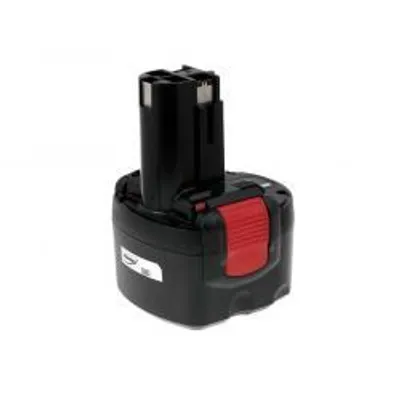 A black and red power tool battery is shown against a white background.