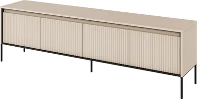 A beige TV stand with four doors and a black metal frame, shown against a white background.