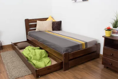 Produktbild von Einzelbett / Gästebett Kiefer Vollholz massiv Nussfarben A24, inkl. Lattenrost - Abmessung 90 x 200 cm