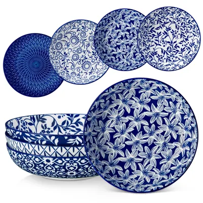 Produktbild von VANCASSO Porzellan Pastateller, 4-tlg Suppenschüssel, Suppenteller, Nudelschüssel, Ramenschüssel, große Salatschalen, Mehrzweckschalen, blau-weiß