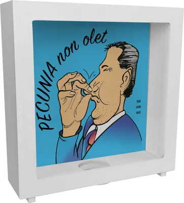 Produktbild von Pecunia non olet Rahmen Spardose aus Holz in Blau zum Thema Geld