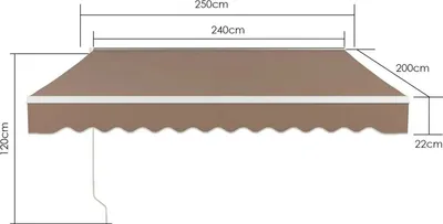 Obrázek produktu pro Výsuvná markýza na terasu - skládací markýza s rameny - 250 x 200 cm - ruční ovládání - hliníkový rám - polyester sPolyuretanzátěrem - UV ochrana UPF 50+ - tmavě khaki barva