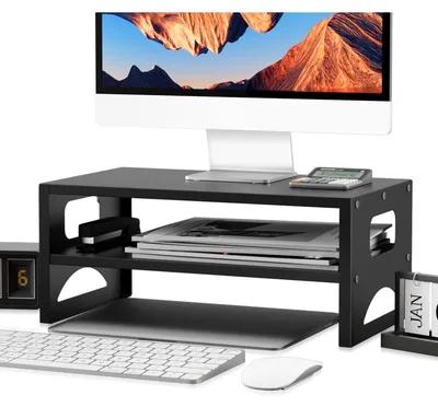 Zdjęcie produktu dla Podstawka pod monitor metalowa z półką - 14 cm wysokości - Do 30 kg - Czarna