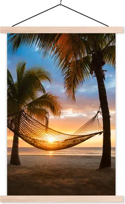 Produktbild von MuchoWow® Textilposter Sonnenuntergang - Hängematte - Palme 40x60 cm mit holzfarbenen Rahmen - Poster