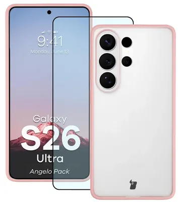 Produktbild von Schutzhülle + gehärtetem Glas für Galaxy S26 Ultra, Bizon Angelo Pack, Semitransparent mit hellrosem Rahmen