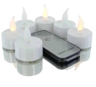 A set of six white LED tea lights with a remote control.