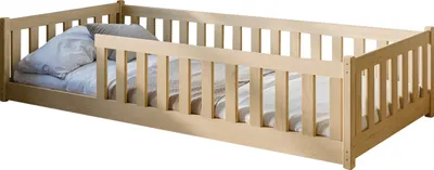 Produktbild von Kinderbett Bodenbett 80x180 cm Bett mit Rausfallschutz & Lattenrost Montessori Bett Bed Gitterbett Kinder Jugendbett Einzelbett | natur Kiefer Holz massiv Junge Mädchen