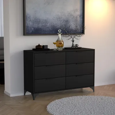 Produktbild von BEAUTYSOFA Kommode Home 120cm Schwarz, modernes Sideboard mit 6 Schubladen, Anrichte für Wohnzimmer, Schlafzimmer & Flur mit Griffen und Metallbeinen