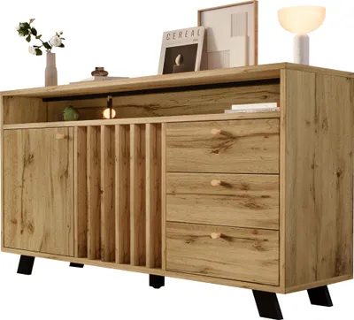 Produktbild von Sideboard Kommode mit 3 Schubladen und 2 Türen Stauraumschrank mit offenem Fach und Lamellenfront im Vintage Stil für Wohnzimmer Esszimmer Flur und Eingangsbereich
