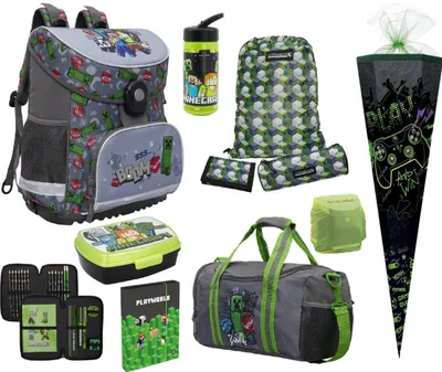Produktbild von Minecraft Schulranzen für Jungen 1. Klasse Graue Schultasche im Set 11-teilig mit Brotdose, Trinkflasche, Sporttasche, Heftbox DIN A5 und Tüte 85 cm