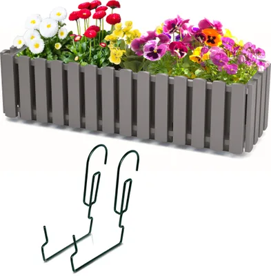 Productafbeelding van Balkonkasten met haken, bloempot, plantenbak, hekwerk, grijs, breedte 58 cm, 10 liter, balkonpot, tuin, imitatie hekwerk, railinglook, kunststof