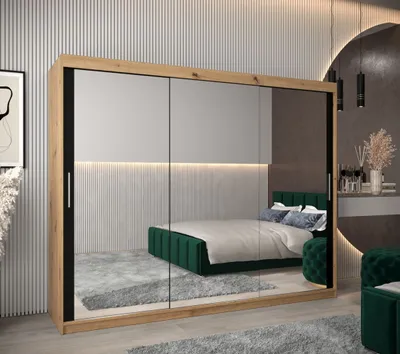 Produktbild von Schwebetürenschrank mit einer Breite von 250 cm TIMEA 3 – Eiche Artisan / Schwarz