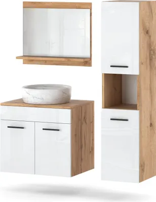 Zdjęcie produktu dla Meble Łazienkowe Słupek Szafka Umywalka Z Lustrem 90Cm Wotan Biały Połysk