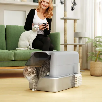 Produktbild von SUGIFT geschlossen, Katzentoilette mit Edelstahlwanne, Streufilter & Schaufel, Grau | für große Katzen | bis 6 kg | 40,5 x 60,5 x 41,5 cm