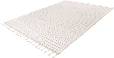 Produktbild von Lalee Luxor Japandi Stil Teppich 160x230 cm Weiß Creme, Niedrigflor, Berber Design, 3D Effekt, Fransen