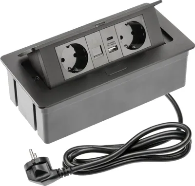 Produktbild von GTV - Einbausteckdose MULTISOFT schwarz mit 2x Schuko, USB A+C, RJ45, HDMI 2.0, Abdeckung, versenkbar, 1,5?m Kabel, für Schreibtisch, Konferenztisch, Küche oder Homeoffice