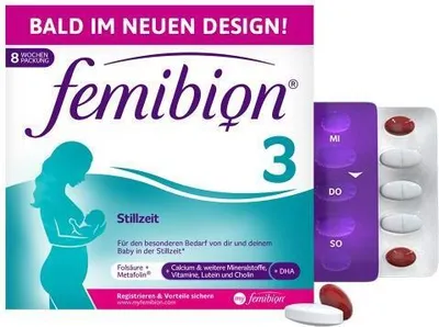 A product box for Femibion 3 Stillzeit, showing the packaging and blister packs of pills.