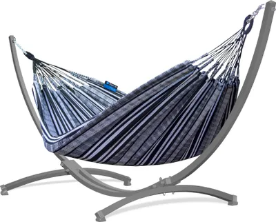 Produktbild von Potenza Outdoor Pereira Hängematte mit Gestell für 2 Personen I 100% Baumwolle Doppelhängematte 230x160 cm, 200kg I Grau Hängemattengestell 220kg, wetterfest