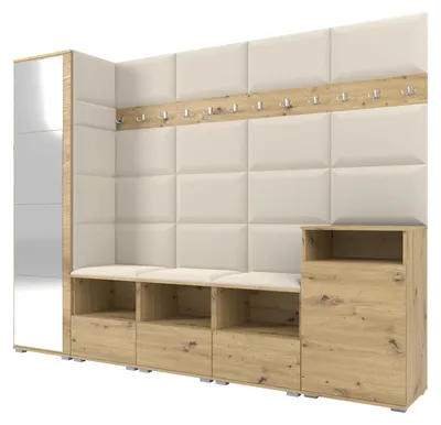 Produktbild von Garderobe NELA XI 250 cm Modulare Flurmöbel Artisan Eiche mit Spiegel & Sitzpolster Creme 01 (Großes Set)