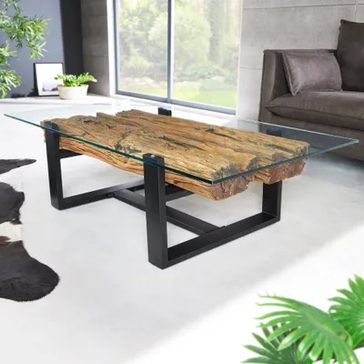 Produktbild von riess-ambiente Design Couchtisch BARRACUDA 130cm recyceltes Teakholz Glasplatte schwarz Edelstahl Industrial Beistelltisch Tisch