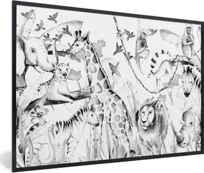 Produktbild von MuchoWow® Gerahmtes Poster Wasserfarben - Tiere - Dschungel - Jungen - Mädchen - Kinder - Kinder 90x60 cm - Poster mit Schwarzem Bilderrahmen Wandposter Rahmen Foto Bilder - Fotorahmen - Foto-Plakat