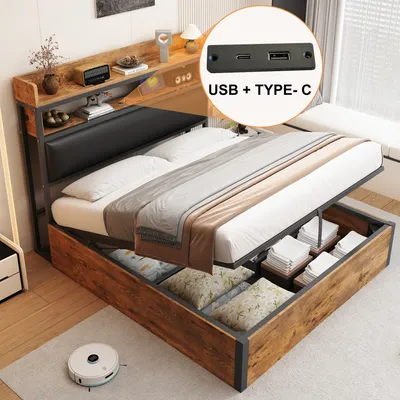 A bed with storage, featuring a headboard with shelves and integrated USB ports, shown in a bedroom setting.