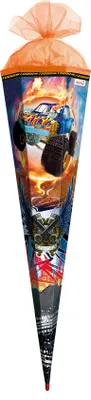 Produktbild von ROTH Schultüte groß Monstertruck Fire mit Spezialborte Folie 85 cm eckig Rot(h)-Spitze Tüllverschluss Zuckertüte Schulanfang