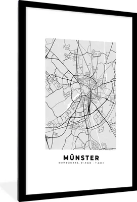 Produktbild von MuchoWow® Gerahmtes Poster Karte - Deutschland - Münster - Karte - Stadtplan 60x90 cm - Poster mit Schwarzem Bilderrahmen Wandposter Rahmen Foto Bilder - Dekoration - Wandposter Wohnzimmer - Hochwertig