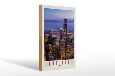 Produktbild von Holzschild Reise 20x30cm Chicago Amerika USA Hochhaus Abend