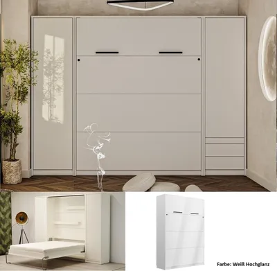 Produktbild von Schrankbett Wandbett Klappbett vertikal GN 160x200 mit 2 Schränken und LED weiß hochglanz