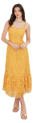 Immagine prodotto di Abito midi da donna Maya Deluxe, color arancione, con motivo floreale e inserti in pizzo, scollo quadrato e senza maniche, vestibilità aderente