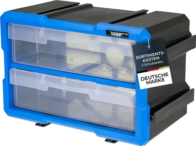 Produktbild von HMF Sortierbox für Kleinteile mit 2 Schubladen, erweiterbarer Sortimentskasten für Schrauben und Werkzeug, 4 Fächer, 29,5 x 19,5 x 16 cm, Blau-Schwarz