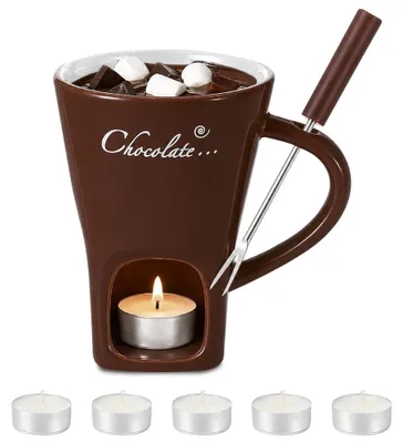 Schokoladenfondue-Becher aus Keramik, 1 Gabel, 5 Teelichter