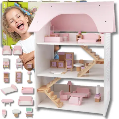 Zdjęcie produktu dla Duży Drewniany Domek Dla Lalek  3 Piętra +Meble