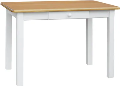 A simple wooden table with white legs and a brown wood top.