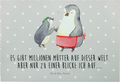 Produktbild von Mr. & Mrs. Panda Servierplatte Pinguin mit Kind - Grau Pastell - Geschenk, Mutter, Vorbild Mama, Vesperplatte, Muttertag, schneidbrett, Hackbrett, Schneidebrett, Familie