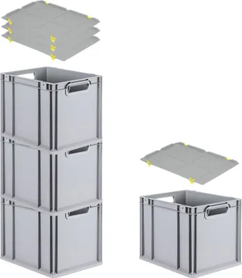 Produktbild von SuperSparSet 4x Eurobox NextGen Grip mit Auflagedeckel inkl. 4 gelben Schiebeschnappverschlüssen | HxBxT 32x30x40cm | 30 Liter | Grau | Griffe offen | Glatter Boden | Eurobehälter, Transportbox, Transportbehälter, Stapelbehälter