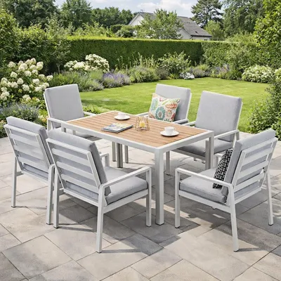 Produktbild von MeXo Gartenlounge-Set Gartenmöbel Set Aluminium 6 Personen, wetterfeste Garten-Essgruppe mit dicke Kissen & Esstisch 140x80x70cm, Outdoor Indoor Möbel