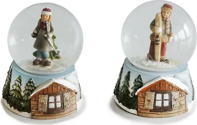 Produktbild von 2 Schneekugeln Winterkinder 9cm Glitzerkugeln Schneekugel Glitzerkugel Ski Hütte