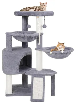 Image de Arbre à chat tour à chat - Avec niche et deux hamacs - Peluche grise - Griffoirs en sisal