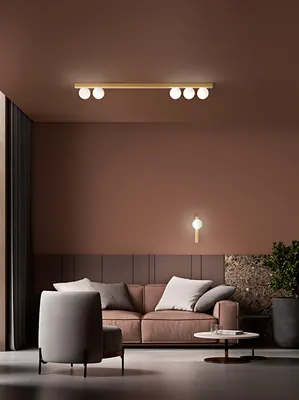 Imagen del producto de Lámpara de techo 10S48482, fabricada en metal con acabado dorado mate, con 5 difusores de vidrio blanco esmerilado, soplados a mano, diseño moderno - Perenz