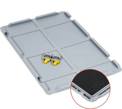 Produktbild von Scharnierdeckel Set Eurobox NextGen mit Schaumstoff und 2 gelbe Schiebeschnappverschlüsse | BxT 40x60cm | Grau | Eurobehälter, Transportbox, Transportbehälter, Stapelbehälter
