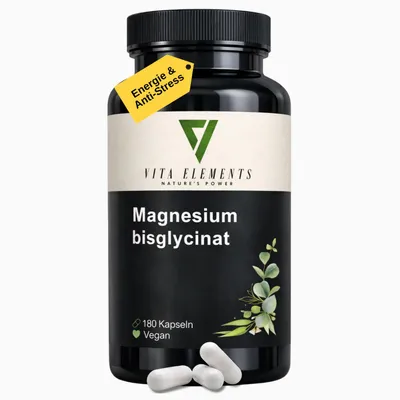 Vita Elements Magnesiumbisglycinat Kapseln (180 Stück), hoch bioverfügbar und sanft zum Magen