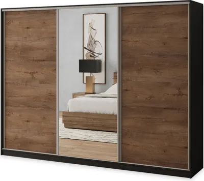 Produktbild von Masseno Schiebetürenschrank SORE 270/205/58 cm Kleiderschrank mit 4 Schubladen Schlafzimmer Schrank 3-türig mit Spiegel Schwarz / Eiche Lefkas