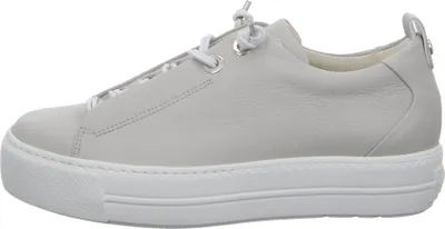 A side view of a single gray sneaker on a white background.