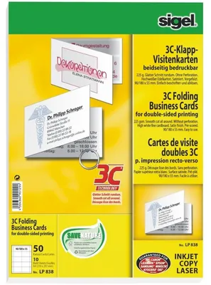 Produktbild von SIGEL LP838 Klapp-Visitenkarten, 3C, glatter Schnitt rundum, 180 x 55 mm, hochweiß, 50 Stück
