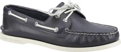 A single navy blue boat shoe with white laces and stitching, shown from a side-diagonal angle on a white background.